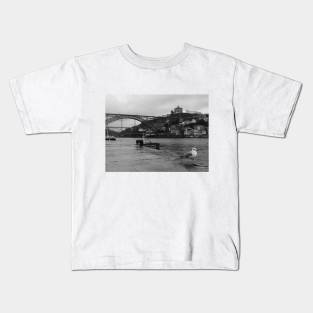 Black and White Porto Harbor, Porto, Portugal, Photography Kids T-Shirt